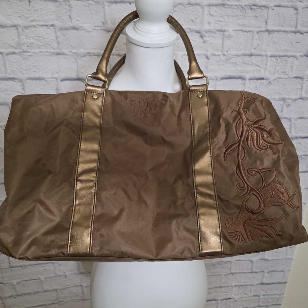 GUESS Tan and Gold Embroidered Tote